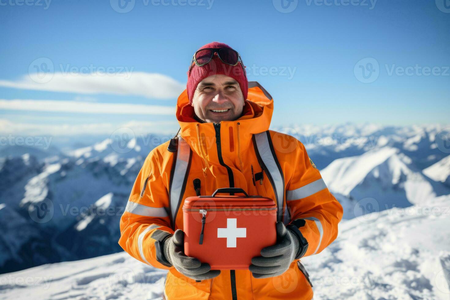 High altitude medic holding first aid kit background with empty space for text photo