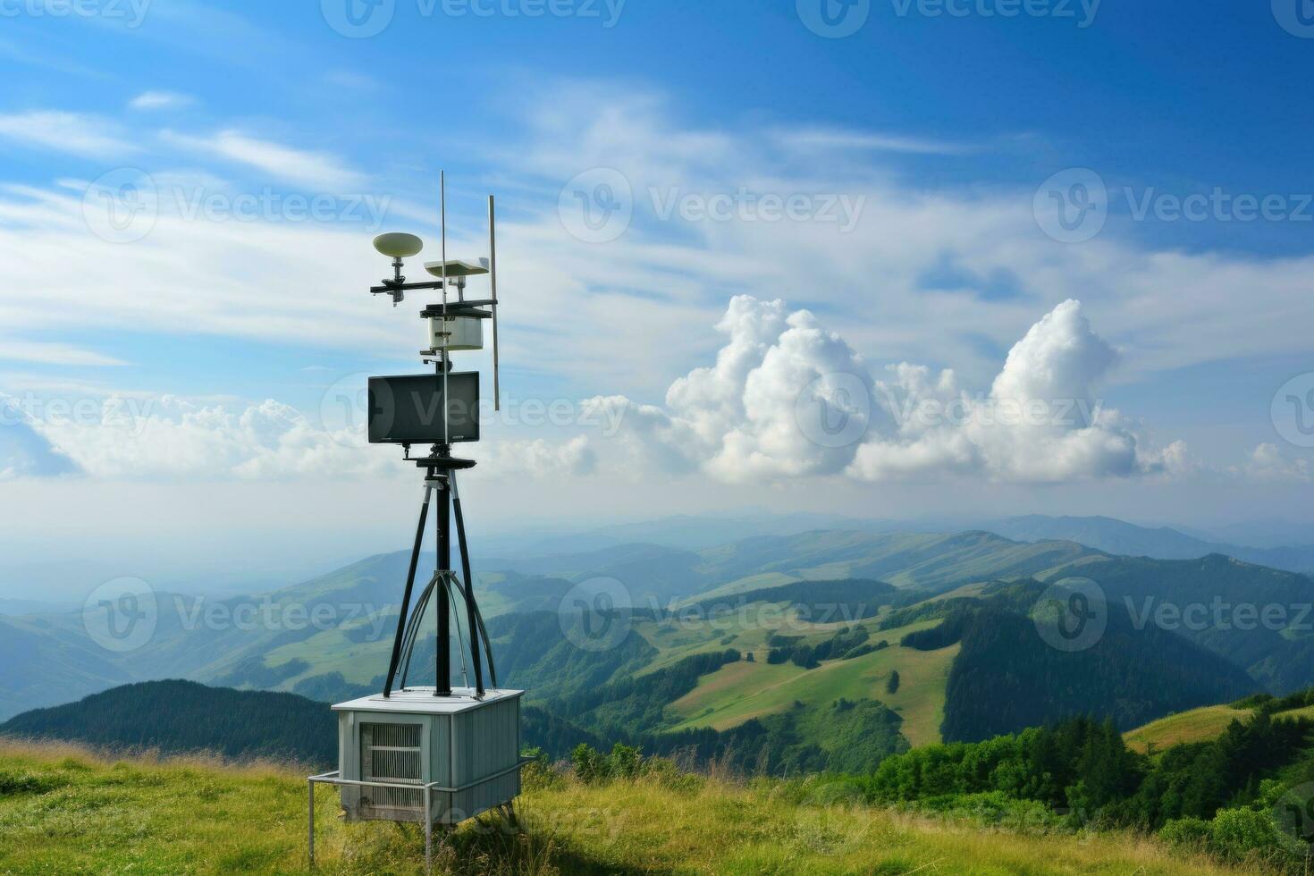 Weather station equipment in alpine region background with empty space for text photo