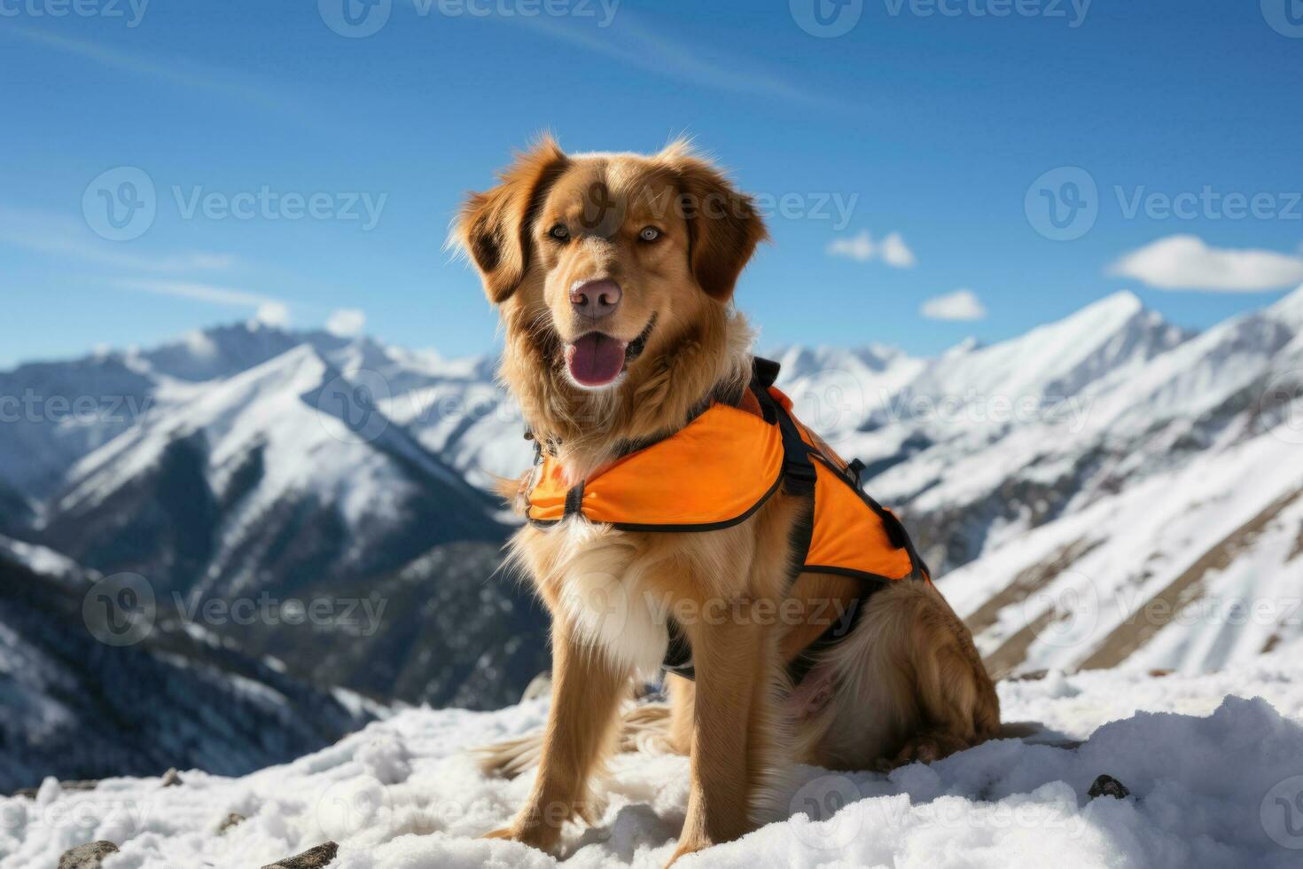 Determined rescue dog trained in locating missing persons in snowy Alpine photo
