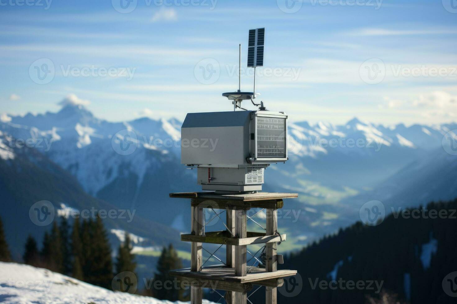 Weather station equipment in alpine region background with empty space for text photo