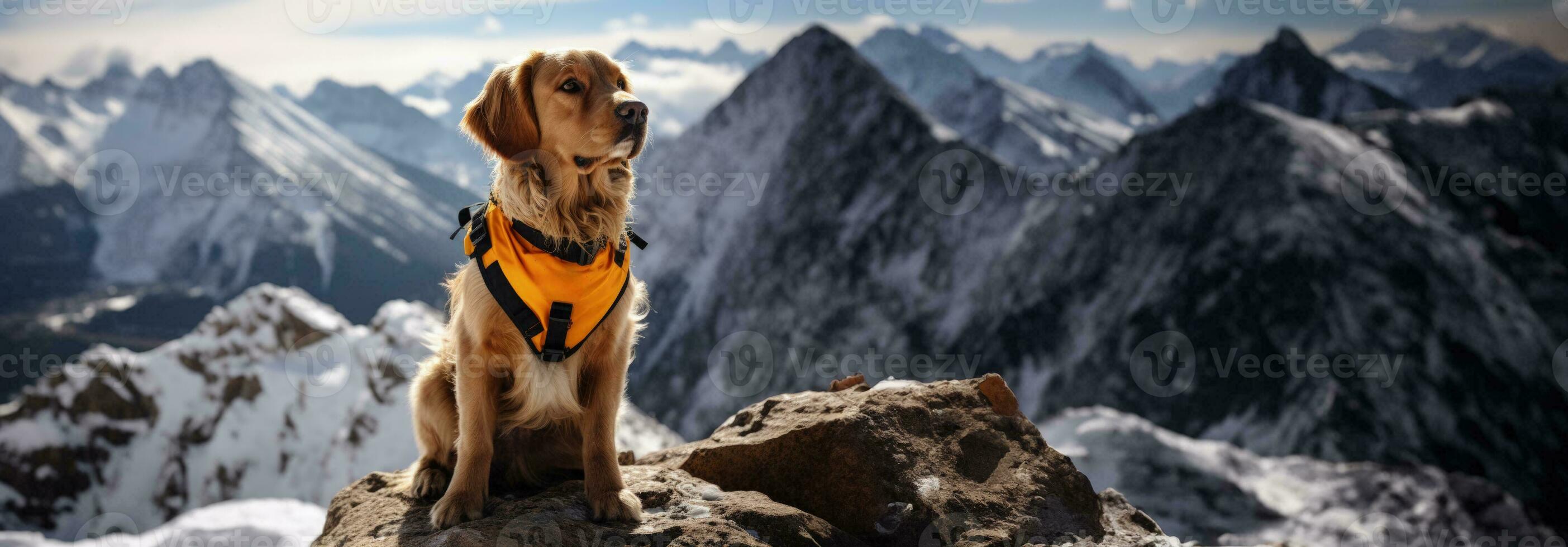 Search and rescue dog diligently tracking lost hiker in snowy Alps photo