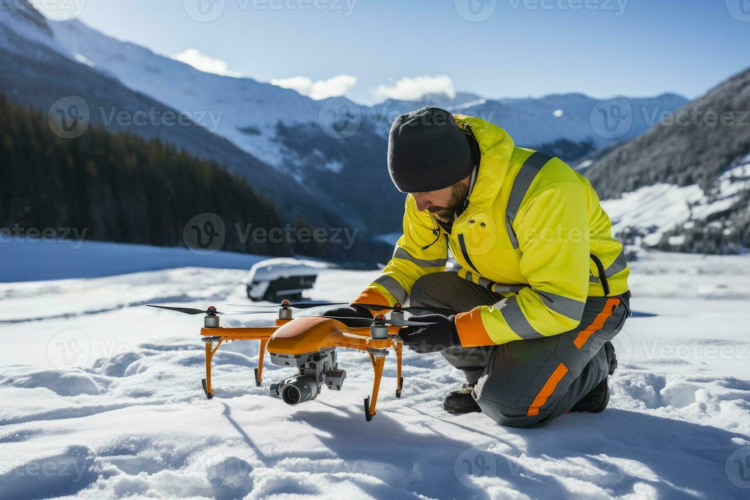 Drone deploying life saving supplies during alpine rescue in snowy mountains photo