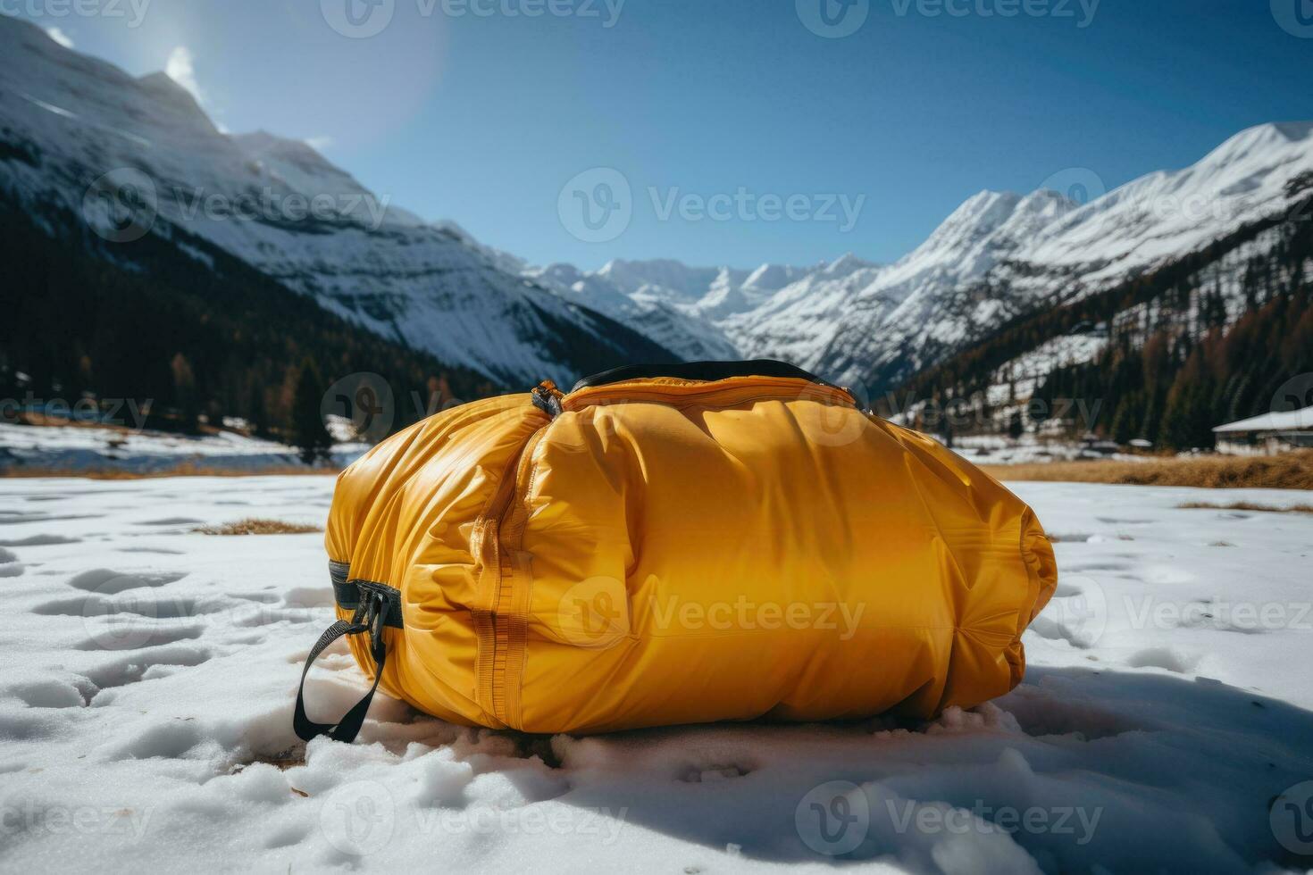 Avalanche airbag inflated for alpine rescue demonstration background with empty space for text photo