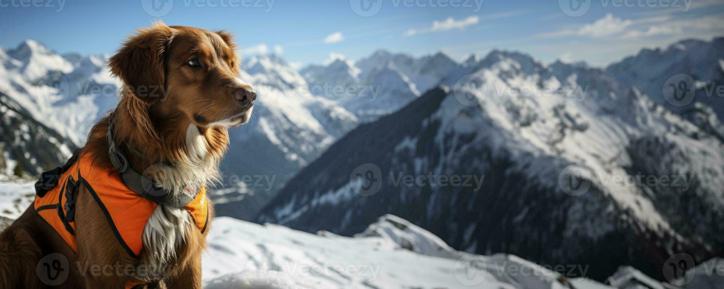 Search and rescue dog diligently tracking lost hiker in snowy Alps photo
