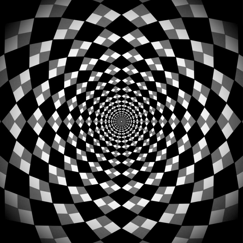 Hypnotic background, optical spiral illusion. Optical Checkered Circle Classic circular Op Art design in black and white color. Vector illustration in square shape