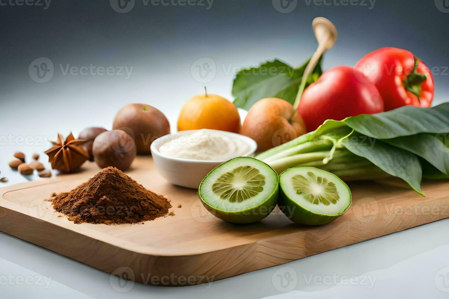 a cutting board with various fruits and vegetables. AI-Generated photo