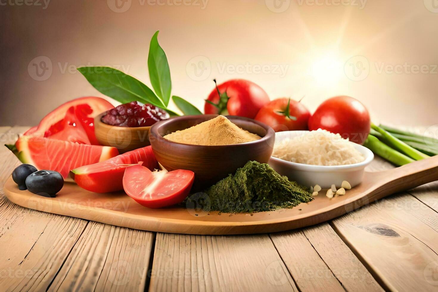 foods on a wooden cutting board with sun shining. AI-Generated photo