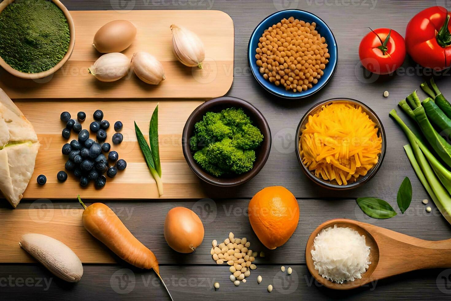 various types of vegetables and fruits on a table. AI-Generated photo