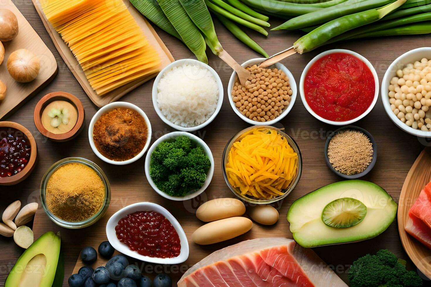 various types of food are arranged in bowls. AI-Generated photo