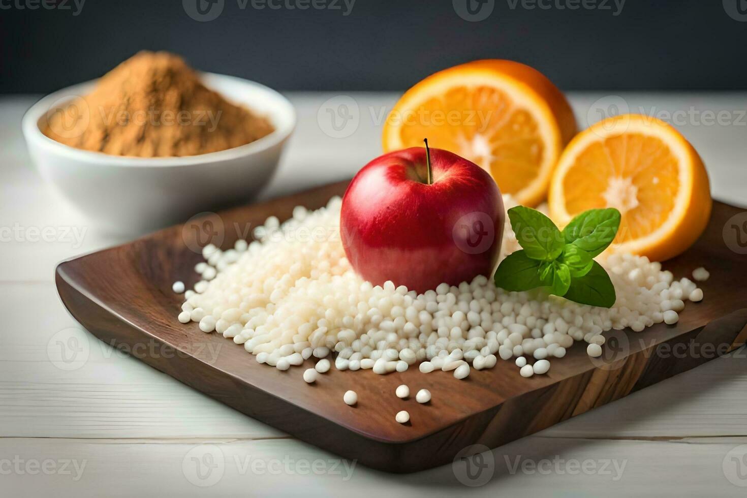 an apple, oranges and rice on a cutting board. AI-Generated photo