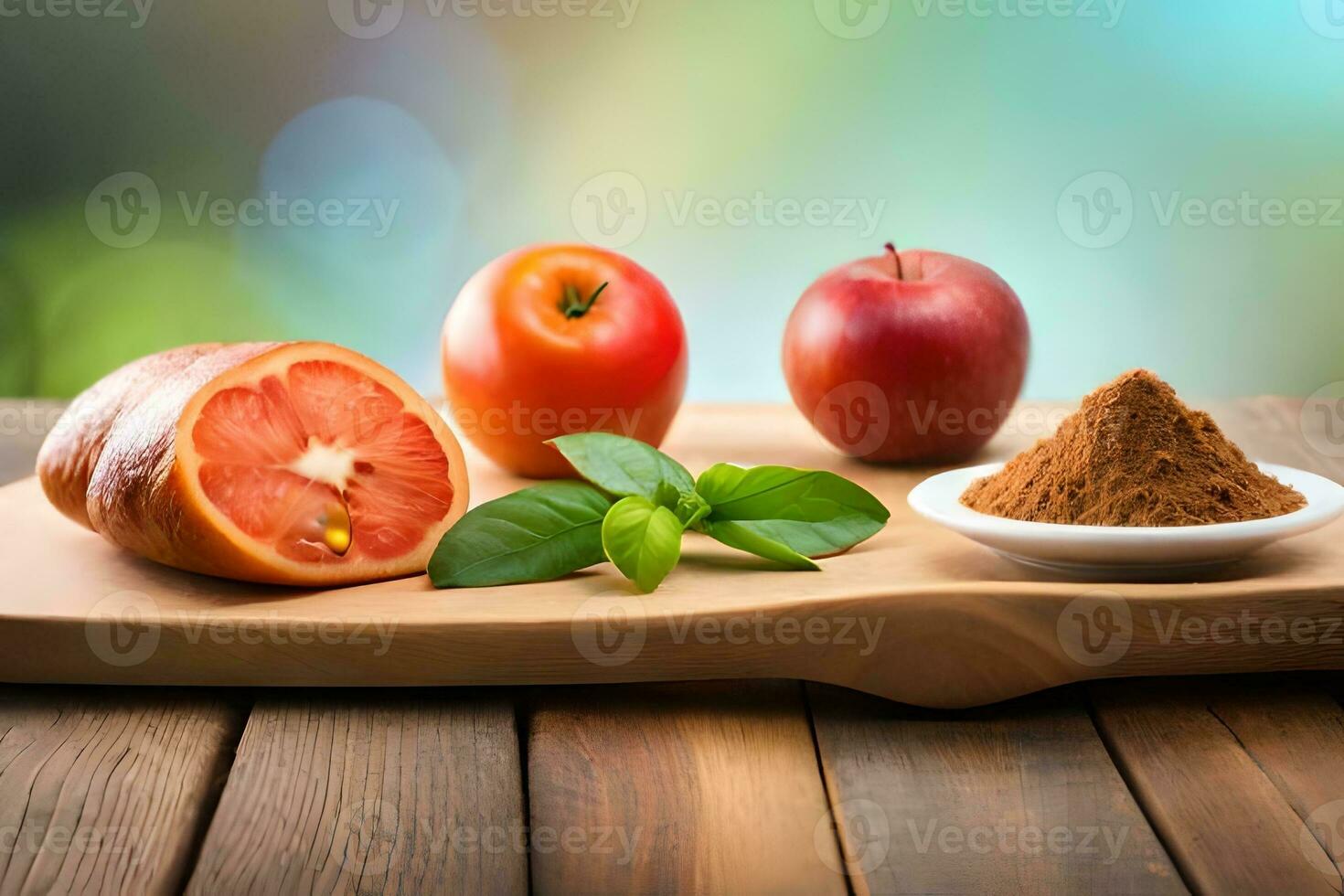 grapefruit, apple and cinnamon powder on wooden cutting board. AI-Generated photo