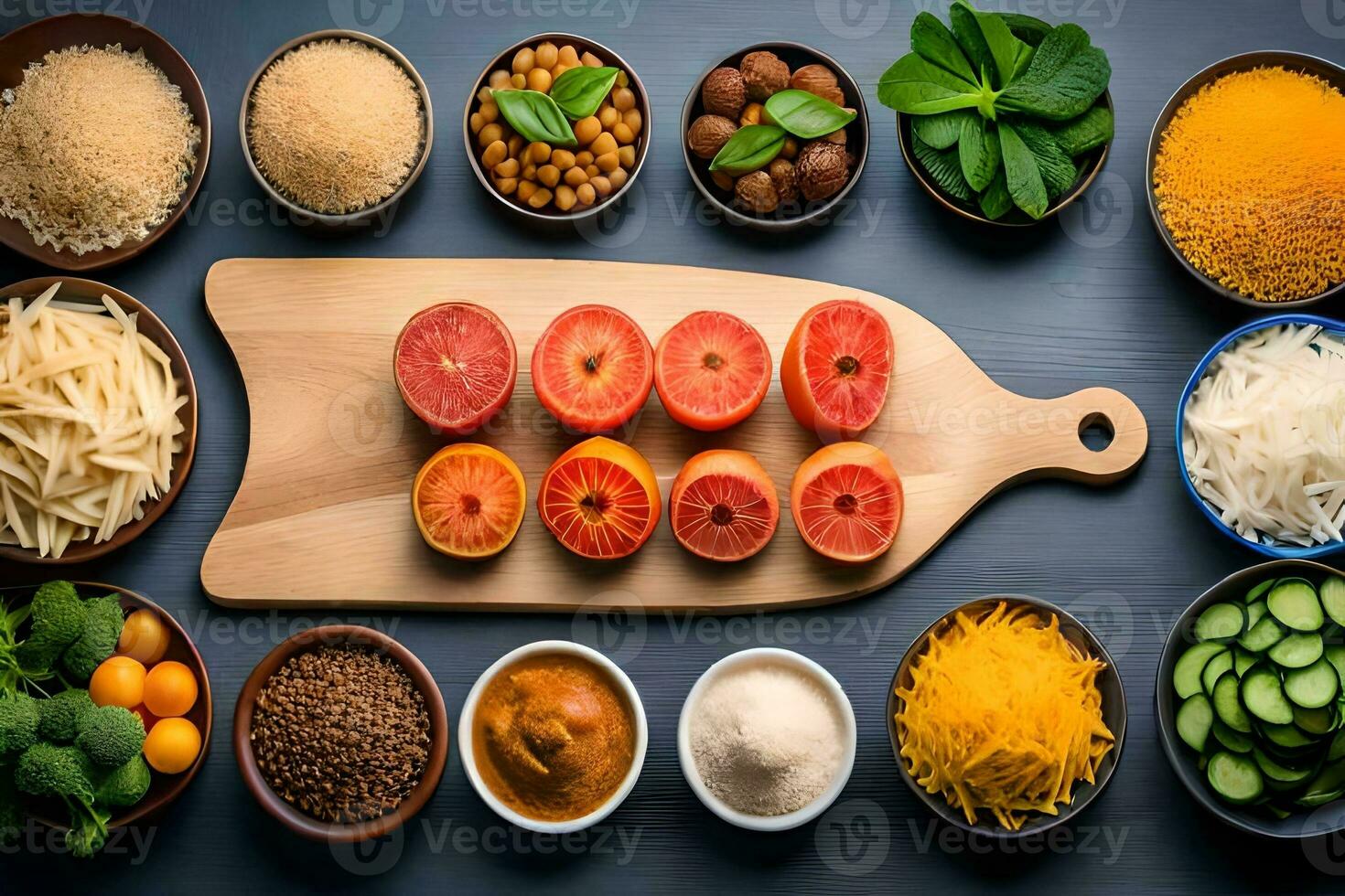 various types of food are arranged on a cutting board. AI-Generated photo