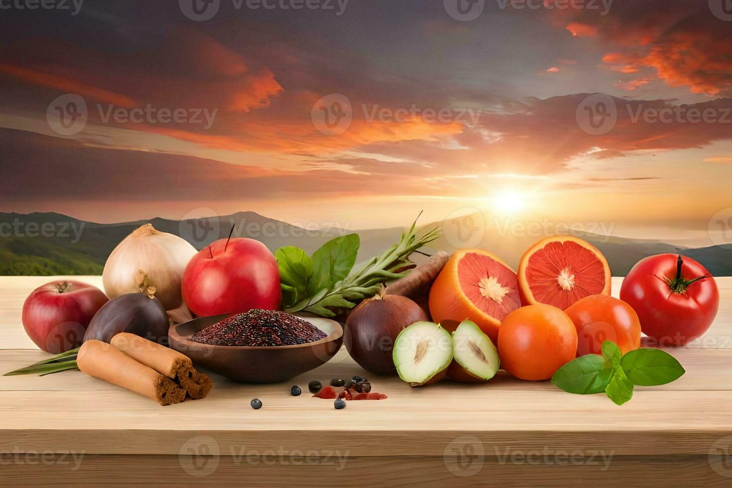 fresh fruits and vegetables on wooden table with sunset in background. AI-Generated photo