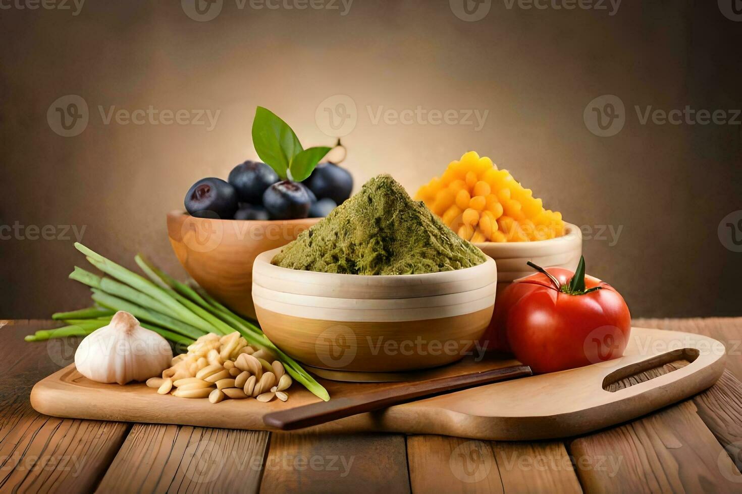 various types of food in bowls on wooden table. AI-Generated photo