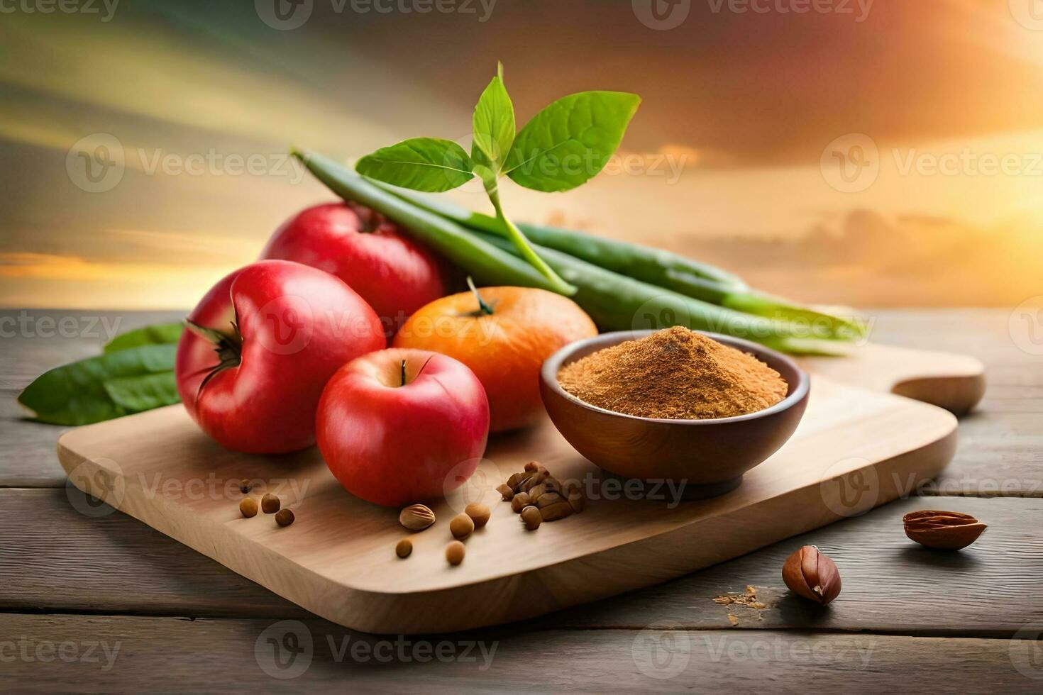 apples, apples, and spices on a wooden cutting board. AI-Generated photo
