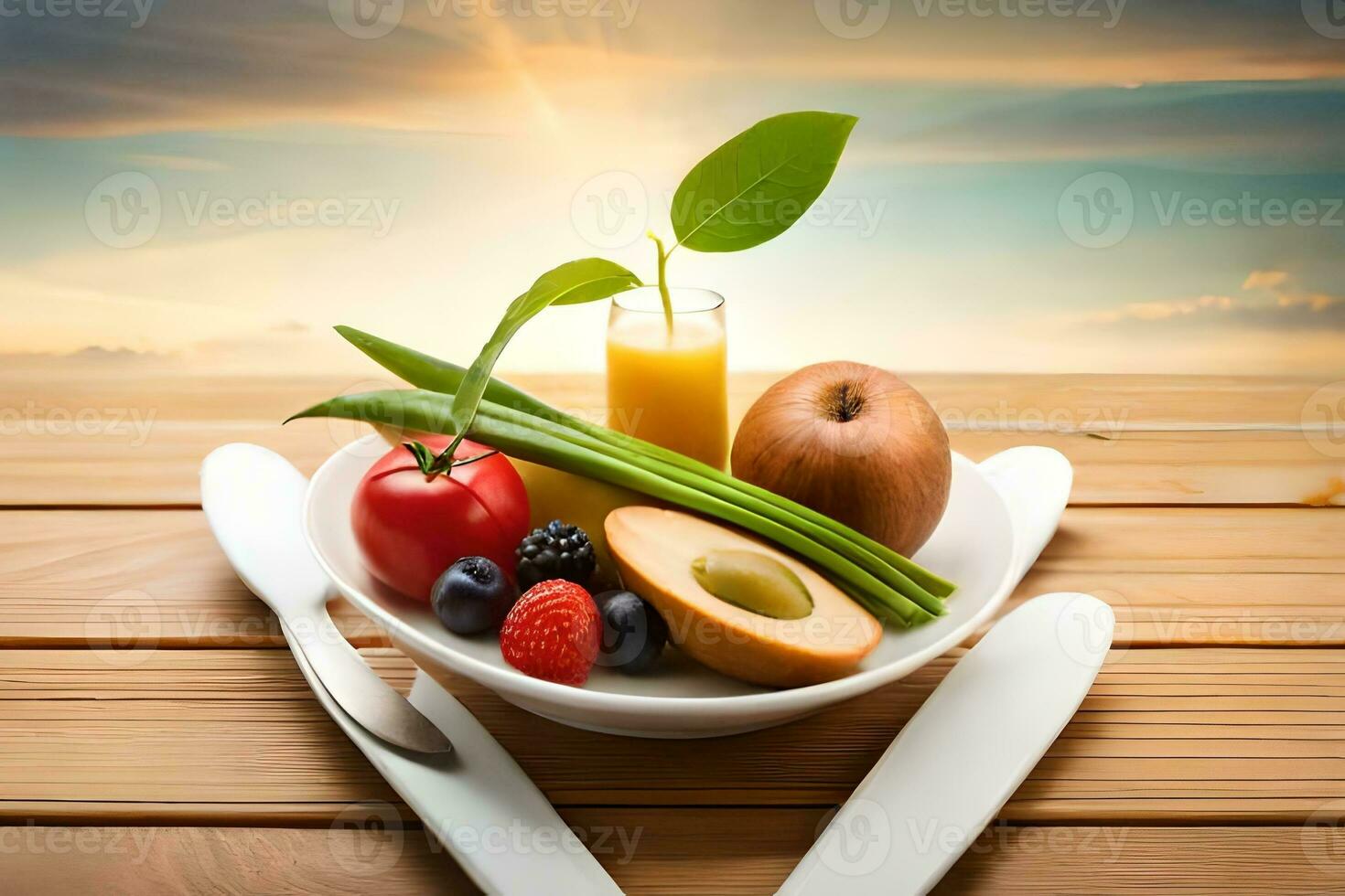 fresh fruits and vegetables in a bowl on a wooden table. AI-Generated photo