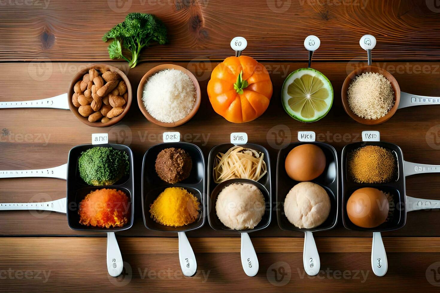 a variety of ingredients in a pan on a wooden table. AI-Generated photo