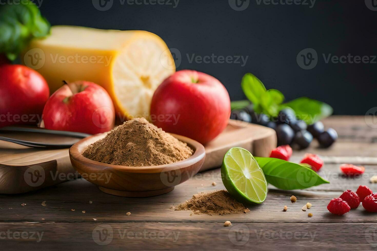 a bowl of powder with apples, berries and cheese. AI-Generated photo