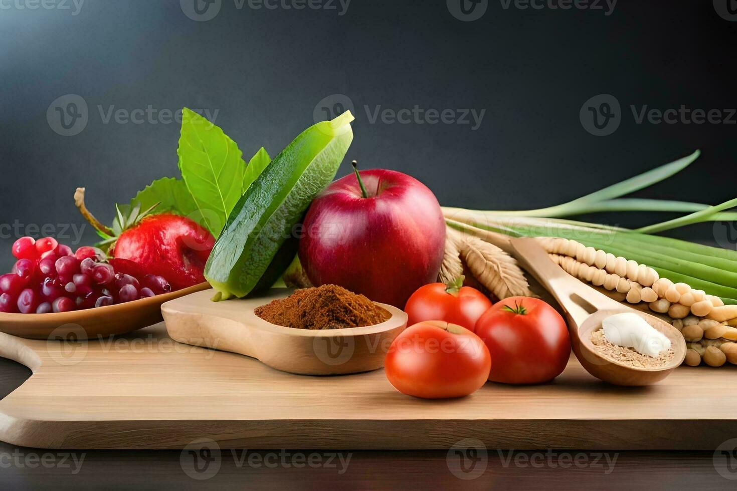 un surtido de frutas y vegetales en un corte tablero. generado por ai foto