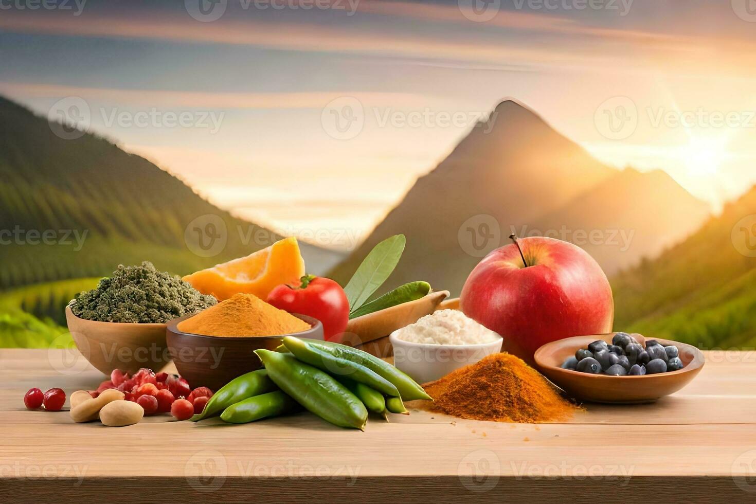 foods and spices on a table with mountains in the background. AI-Generated photo