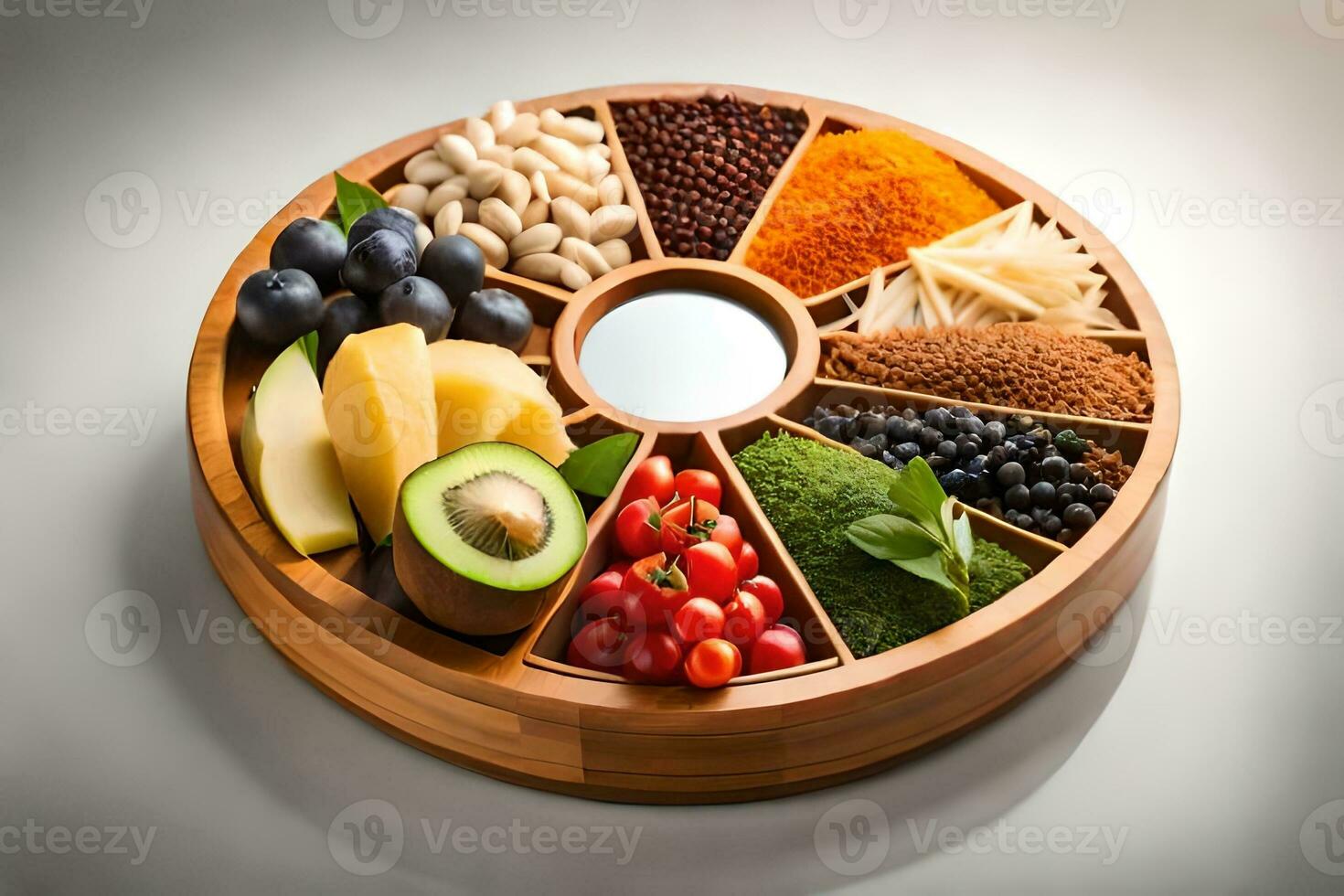 a wooden plate with various types of food. AI-Generated photo