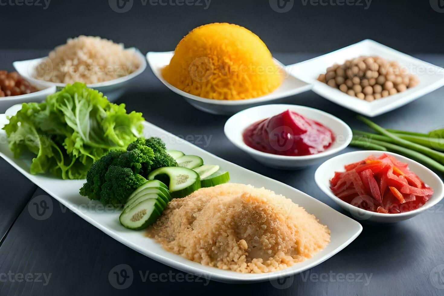 various types of rice, vegetables and other ingredients. AI-Generated photo
