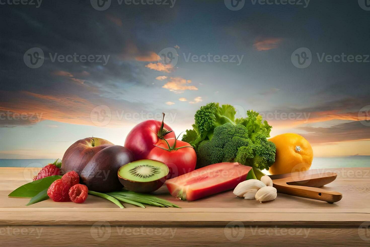 fresh fruits and vegetables on wooden table with sunset in background. AI-Generated photo