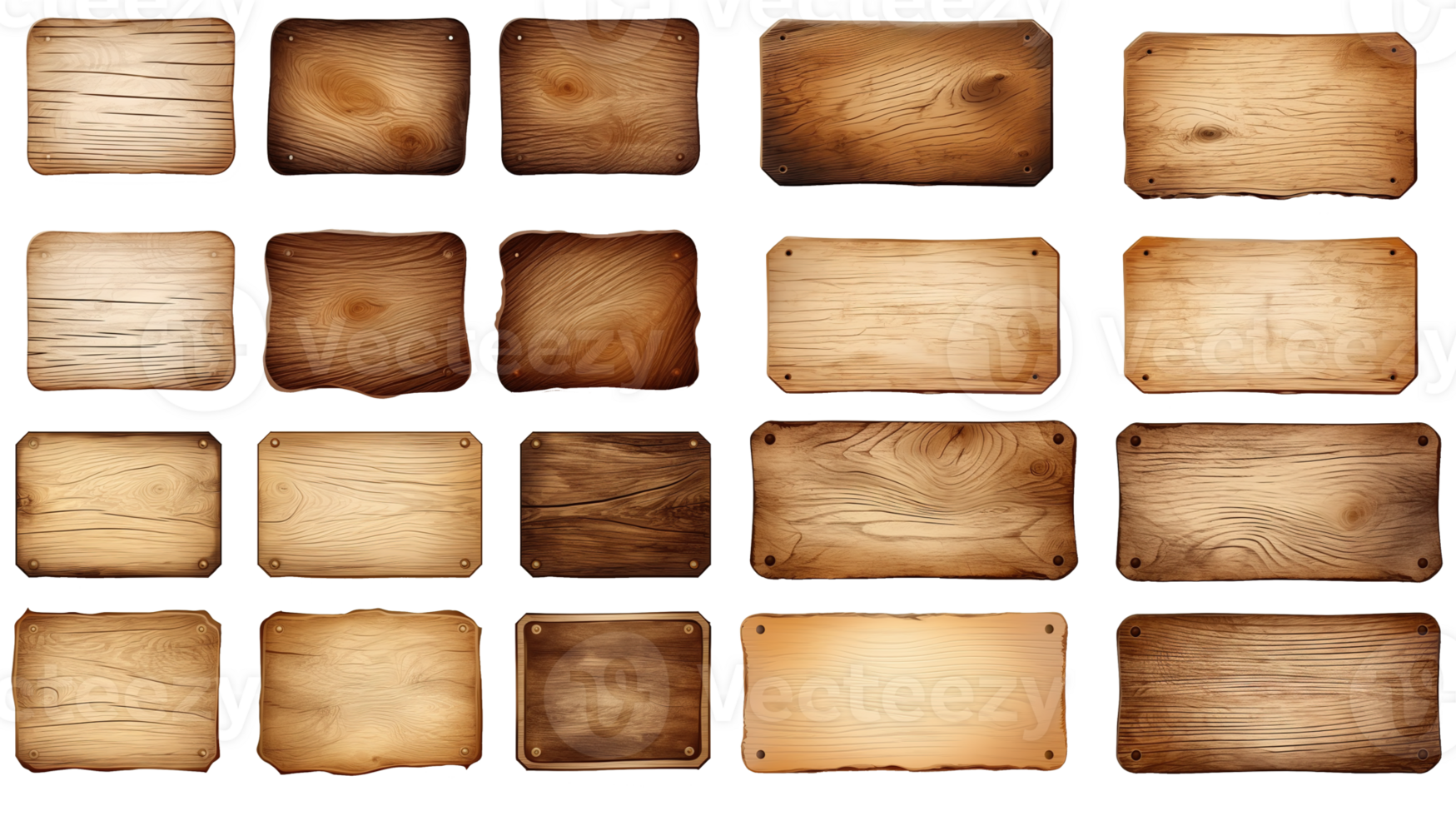 Realistic set of wooden plaques and signboards isolated on transparent background. Different blank for text plates made of natural wood and oak. AI generative png
