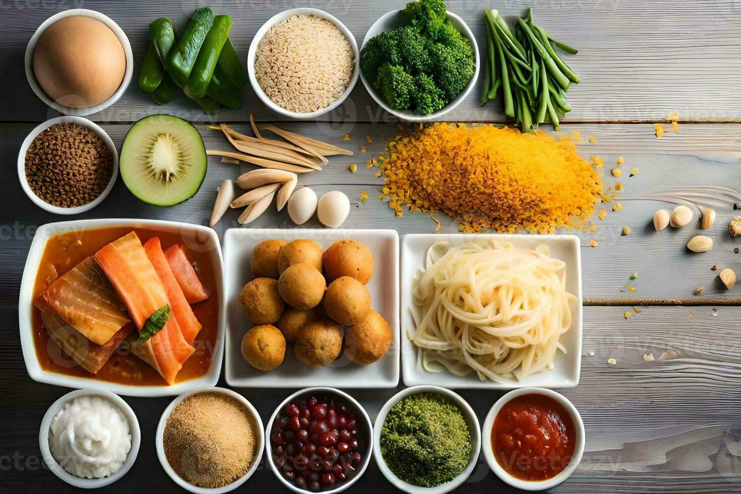 various types of food in bowls on a wooden table. AI-Generated photo