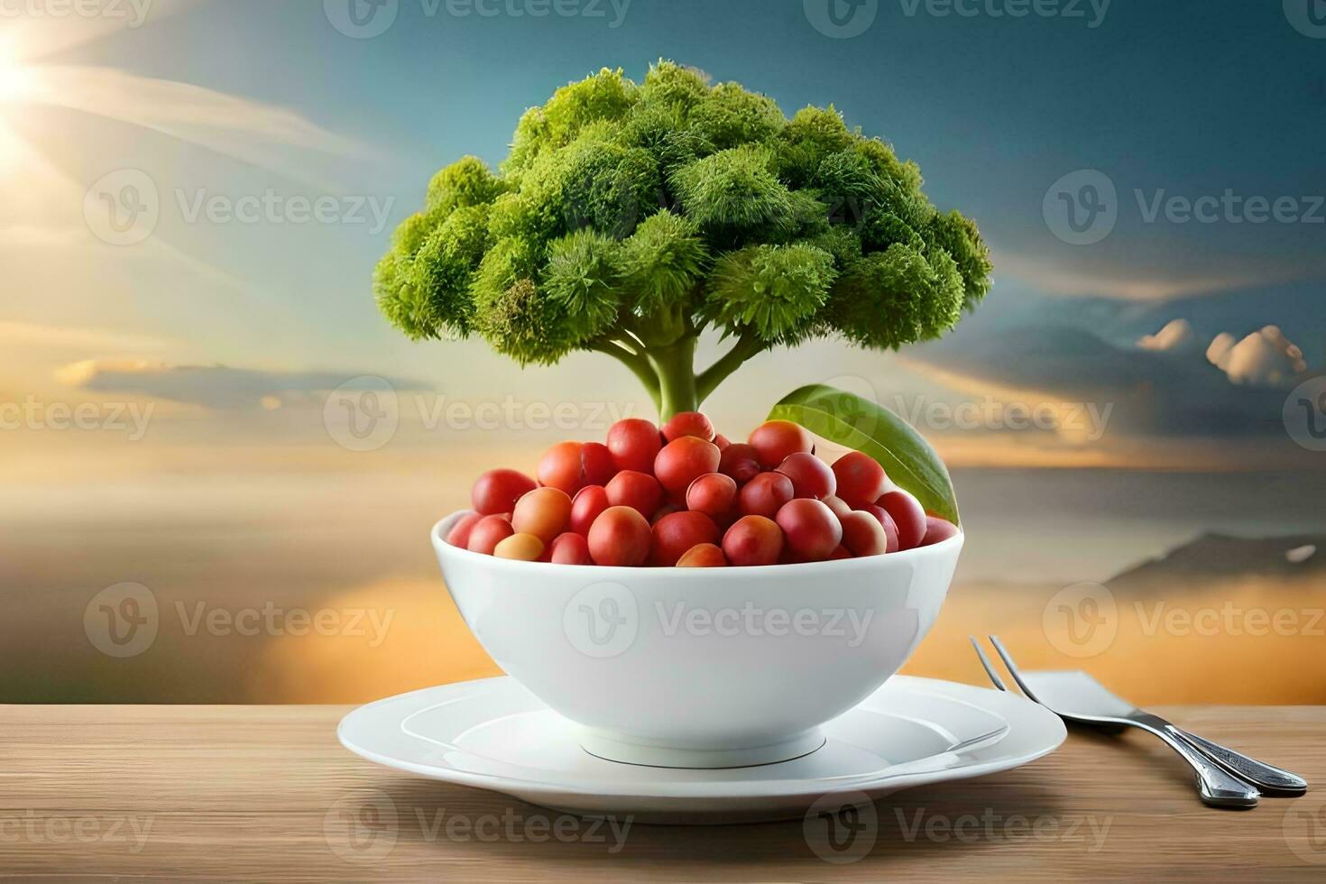 a bowl with broccoli sprouts and tomatoes on a table. AI-Generated photo