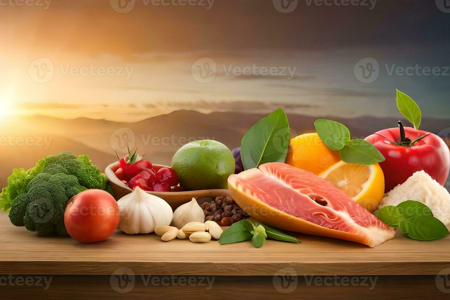fresh fruits and vegetables on a table with the sun setting in the background. AI-Generated photo
