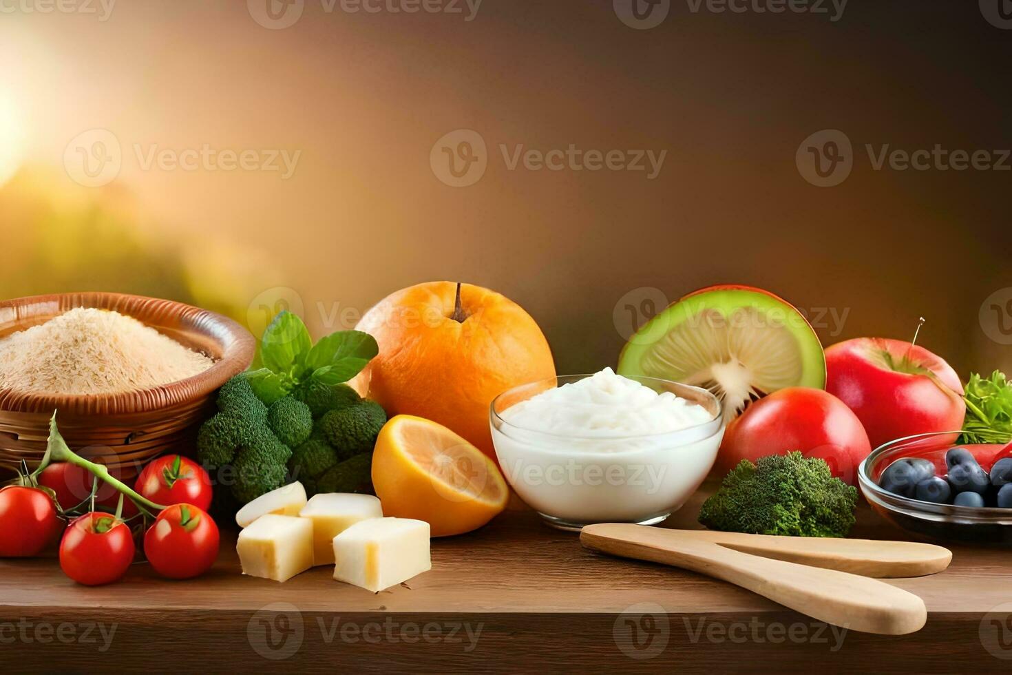 various fruits and vegetables are arranged on a table. AI-Generated photo