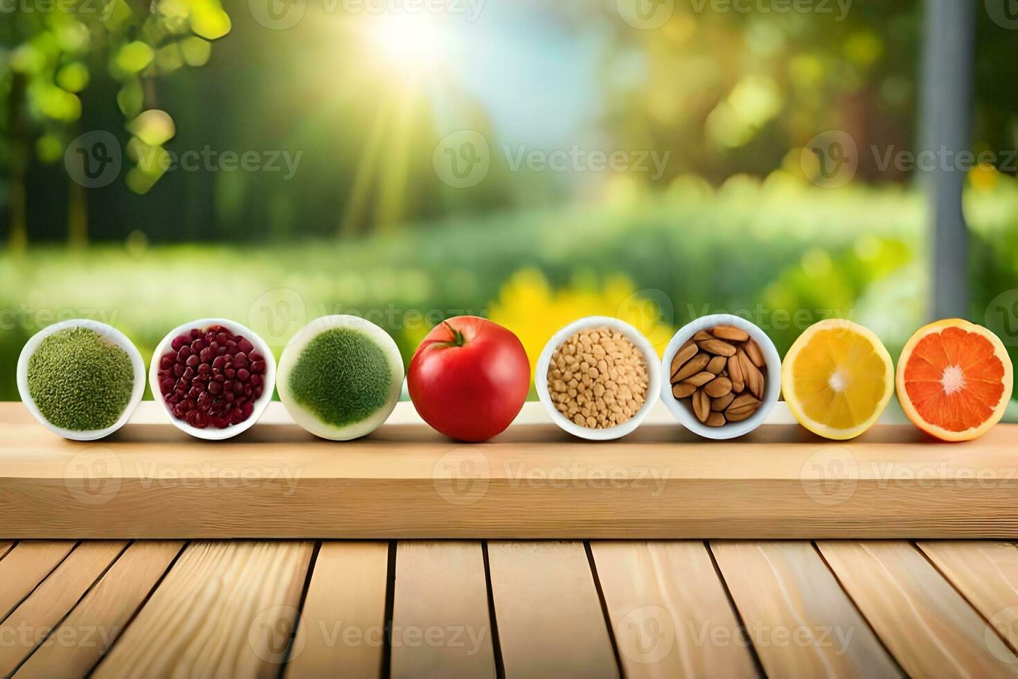 five different types of fruits and vegetables in bowls. AI-Generated photo
