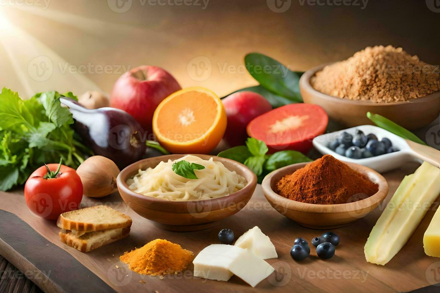 various foods including fruits, vegetables and spices. AI-Generated photo
