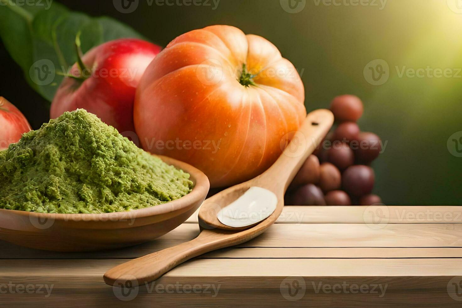 green powder in a bowl with apples, tomatoes and grapes. AI-Generated photo