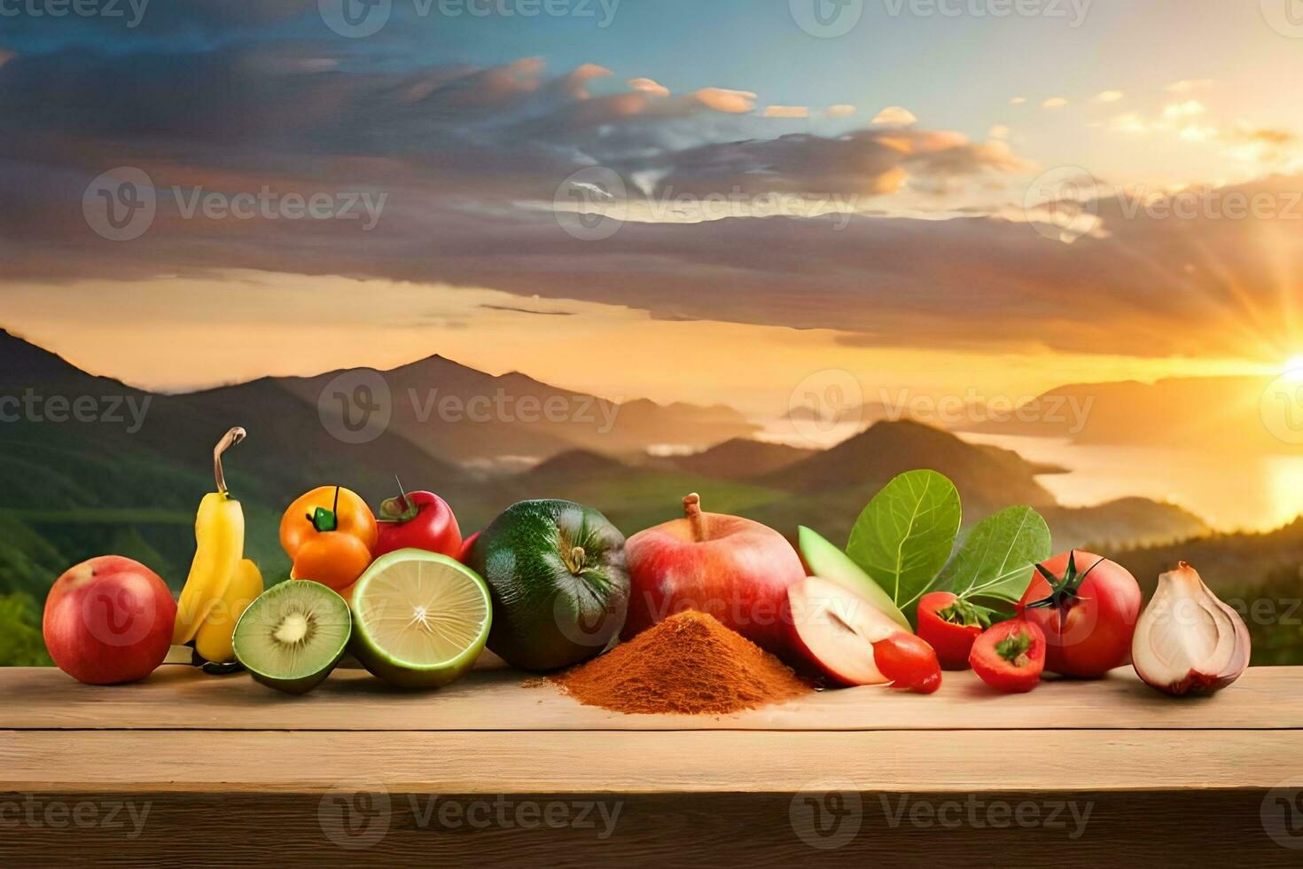 fresh fruits and vegetables on a wooden table with the sun setting in the background. AI-Generated photo