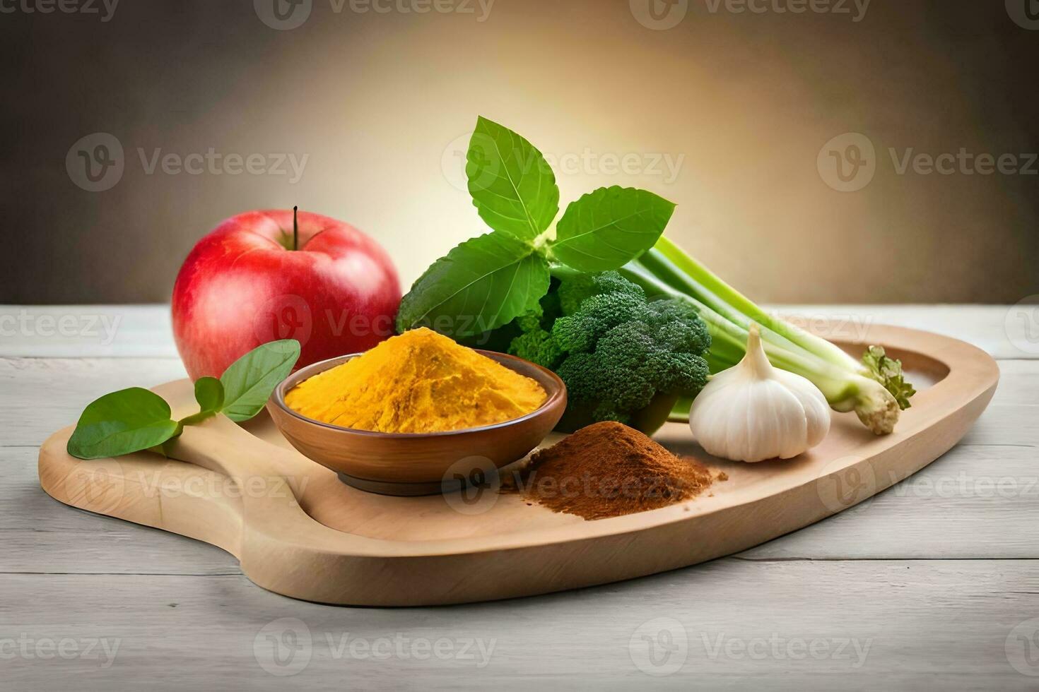 a wooden cutting board with spices and apples. AI-Generated photo