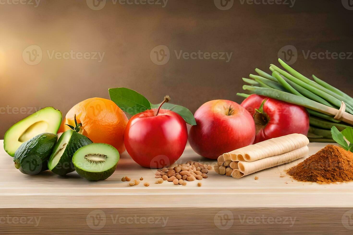 various fruits and vegetables on a wooden table. AI-Generated photo