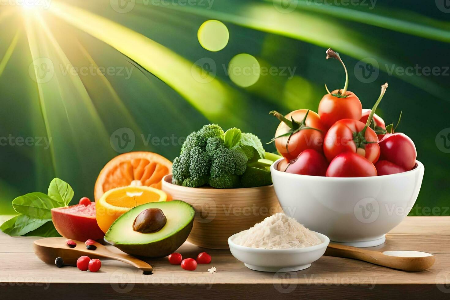 various fruits and vegetables are in bowls and on a table. AI-Generated photo
