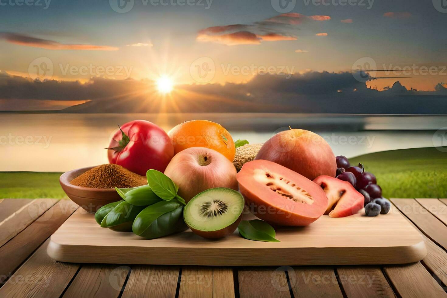 fresh fruits and vegetables on a wooden table with the sun setting in the background. AI-Generated photo