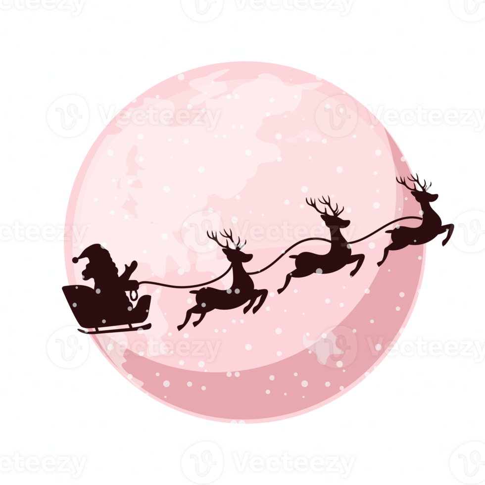 Cartoon night moon with the silhouette of Santa Claus in the sleigh. greeting card for Christmas day png