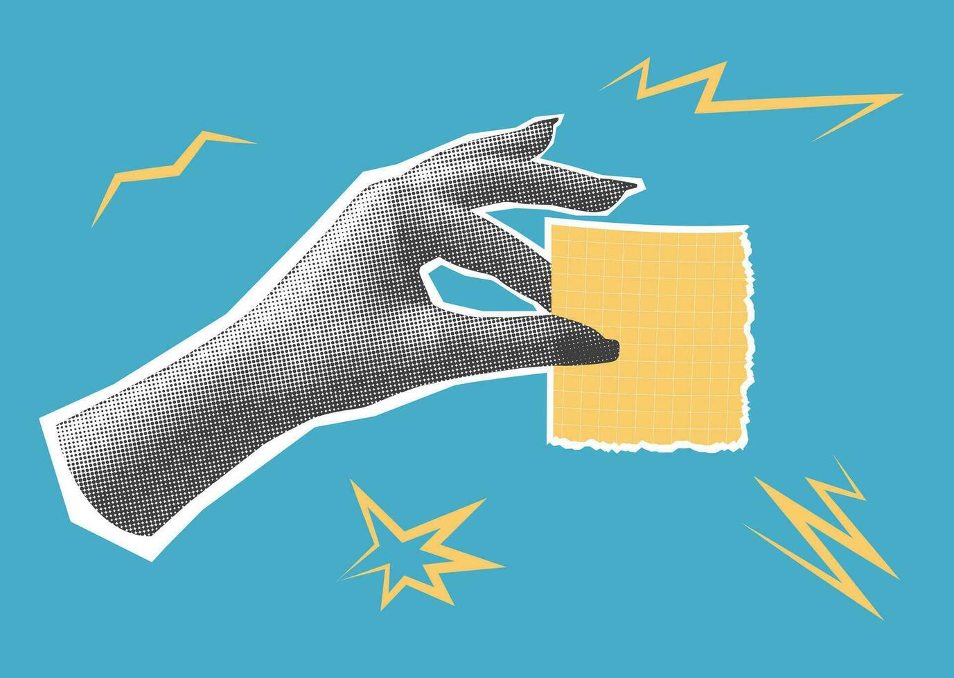 Hand with a blank piece of checkered paper. Halftone vector collage.