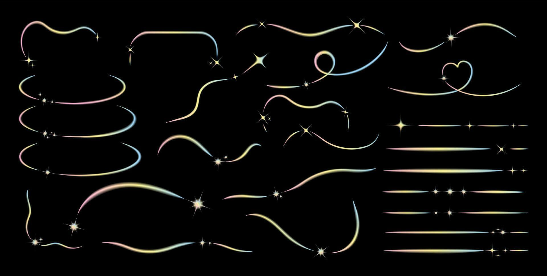 Trendy set of lines with stars with blur and gradient y2k. Vector illustration