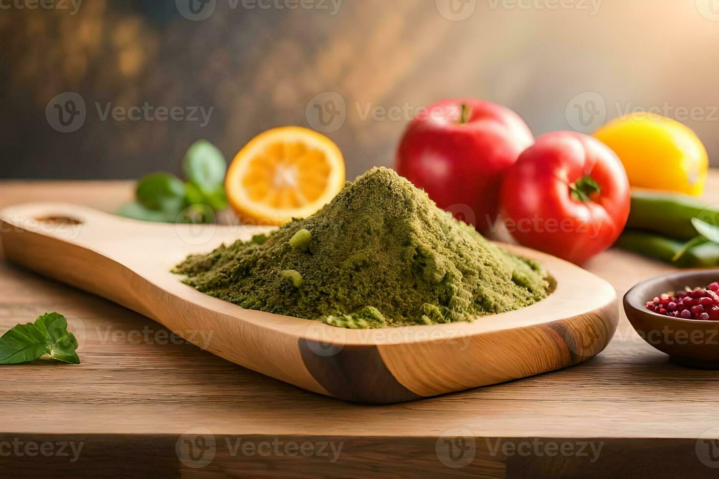 a bowl of green powder with fruits and vegetables. AI-Generated photo