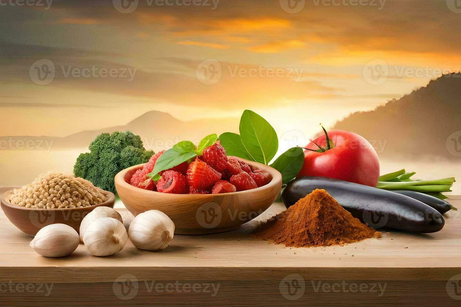 comidas en de madera mesa con puesta de sol en antecedentes. generado por ai foto