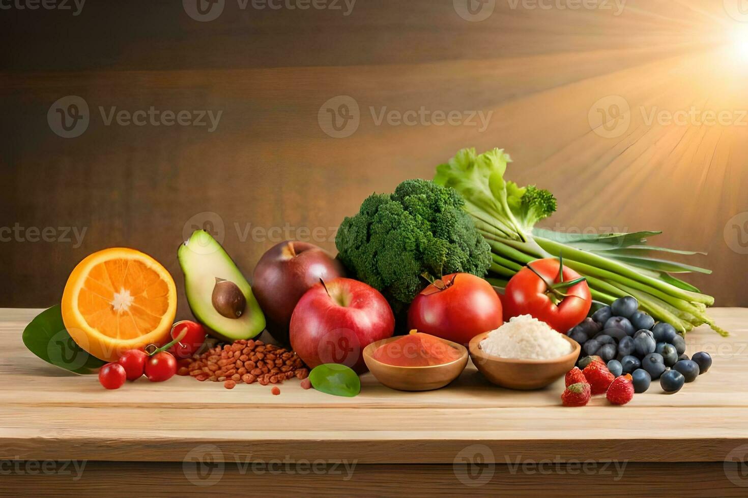 various fruits and vegetables on a wooden table. AI-Generated photo