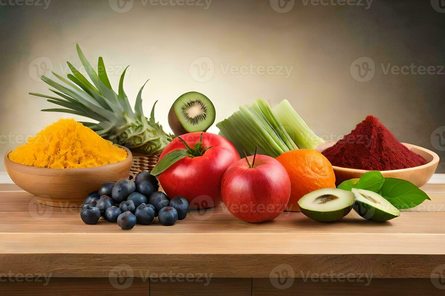 various fruits and vegetables are arranged in bowls. AI-Generated photo