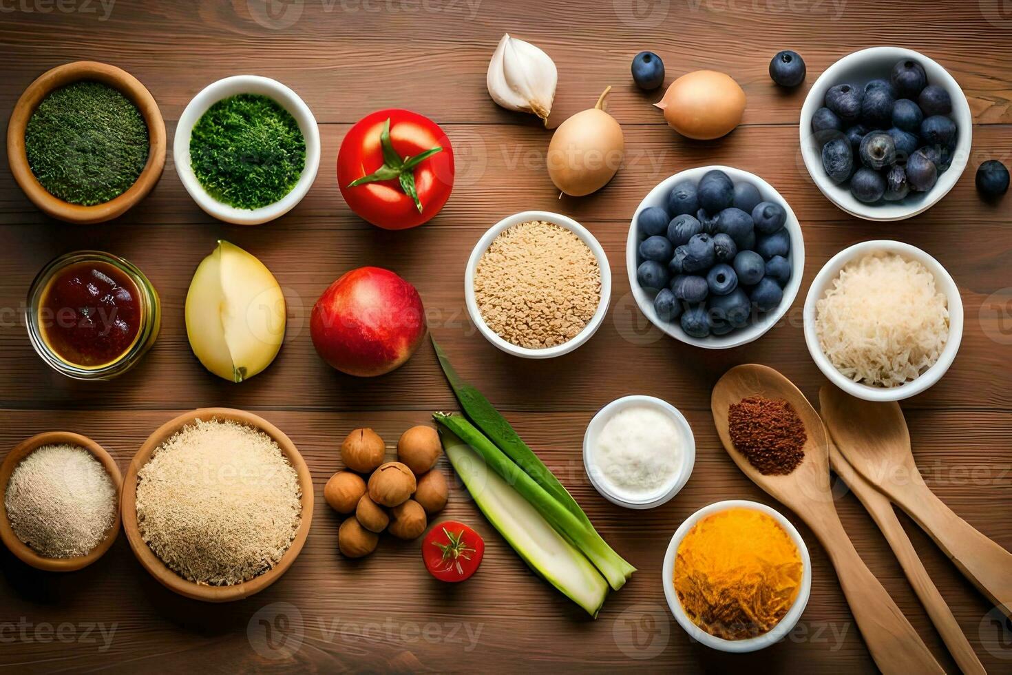 various types of food are shown in bowls. AI-Generated photo