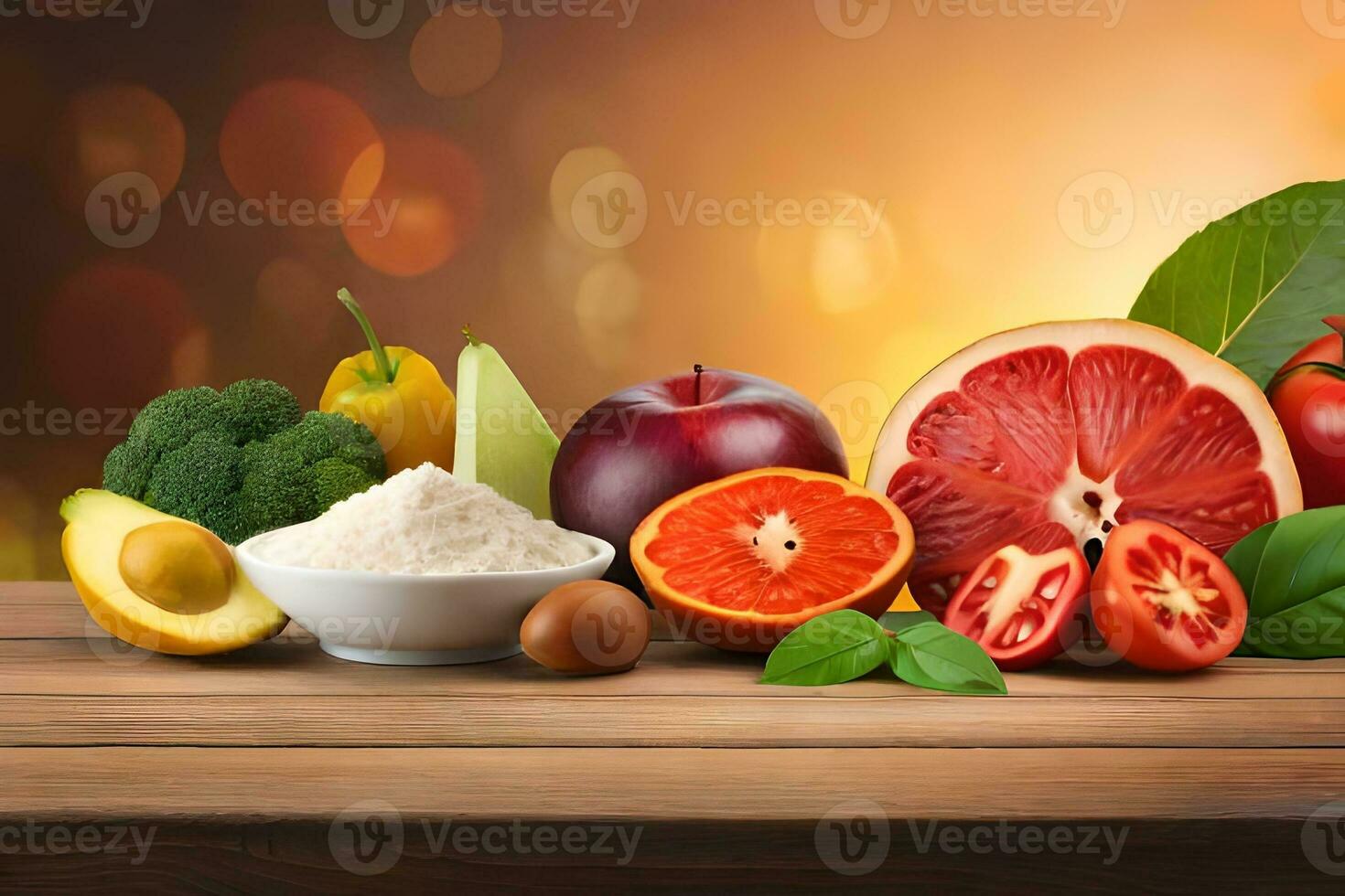 various fruits and vegetables on a wooden table. AI-Generated photo