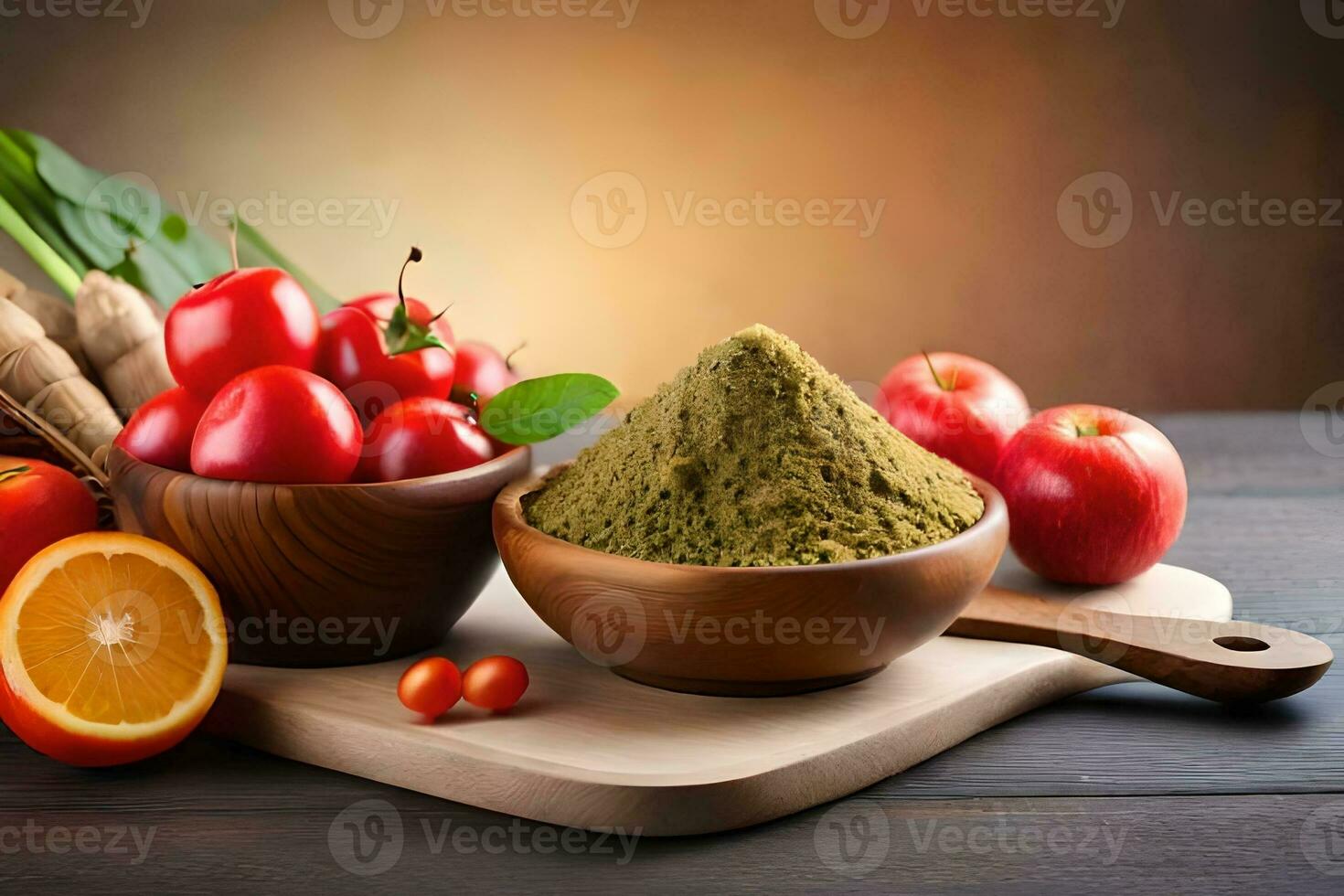 a bowl of green powder and vegetables on a wooden table. AI-Generated photo